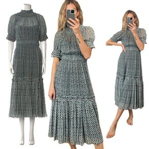 Proenza Schouler Silk Long Ruffle Raw Edge Hem Mock Neck A Line Maxi Dress